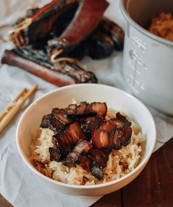 Sliced Chinese cured pork belly over rice