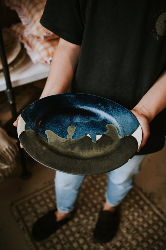 Black and Blue Abstract Oval Stoneware Platter